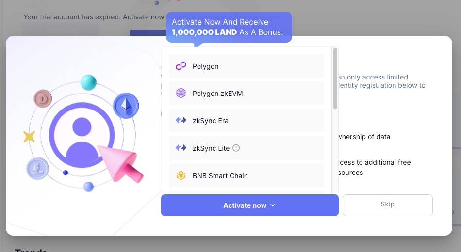 Options include Polygon, zkSync, and BNB